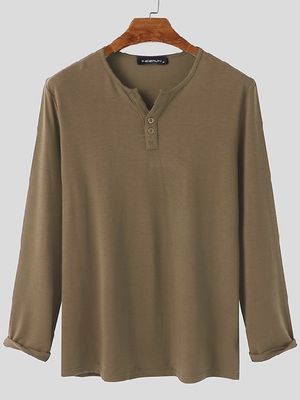 BASICS INCERUN Men V-neck Plain Button Comfortable T-Shirt BASICS INCERUN Men V-neck Plain Button Comfortable T-Shirt