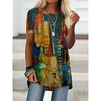Women's T shirt Dress Color Block Print Round Neck Tops Basic Basic Top Rainbow miniinthebox - thumbnail