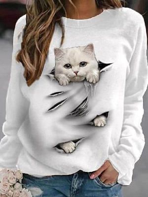 Round Neck Casual Loose Cat Print Sweatshirt
