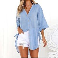 Women's Shirt Blouse Plain Vacation Beach Button Navy Blue Long Sleeve Casual Shirt Collar Spring Summer Lightinthebox