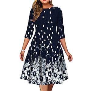 Women's Plus Size Holiday Dress Floral Crew Neck Print 34 Length Sleeve Fall Spring Work Midi Dress Daily Vacation Dress Lightinthebox