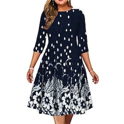 Women's Plus Size Holiday Dress Floral Crew Neck Print 34 Length Sleeve Fall Spring Work Midi Dress Daily Vacation Dress Lightinthebox