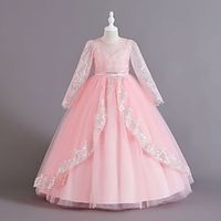 Kids Girls' Party Dress Solid Color Long Sleeve Formal Birthday Lace Princess Beautiful Cotton Maxi Party Dress Fall Winter 3-12 Years Light Blue claret White Lightinthebox - thumbnail