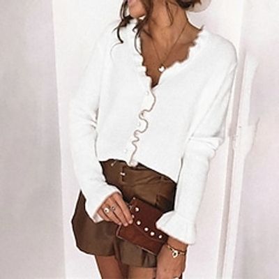 Women's Pullover Jumper Crochet Knit Ruffle Knitted Solid Color V Neck Stylish Casual Daily Going out Fall Winter White Black S M L / Long Sleeve miniinthebox