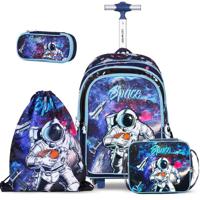 Eazy Kids - Back To School - 18 Set Of 4 School Bag Lunch Bag Activity Bag & Pencil Case Astronaut - Blue