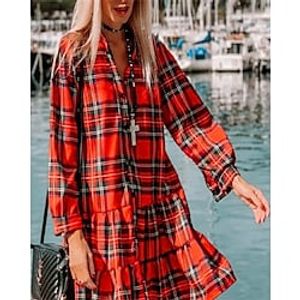Women's T Shirt Dress Casual Dress Red Dress Midi Dress Daily Going out Fall Dress Polyester Fashion Casual V Neck Button Long Sleeve Summer Spring Fall 2023 Loose Fit Red Plaid S M L XL 2XL miniinthebox