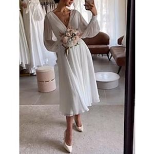 Little White Dresses Wedding Dresses A-Line V Neck Long Sleeve Tea Length Chiffon Bridal Gowns With Pleats Solid Color 2023 Lightinthebox