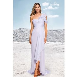 A-Line Evening Gown Floral Dress Formal Asymmetrical Sleeveless One Shoulder Chiffon with Ruched Ruffles 2023 Lightinthebox