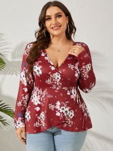 YOINS Plus Size Deep V Neck Floral Print Long Sleeves Tee