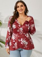 YOINS Plus Size Deep V Neck Floral Print Long Sleeves Tee - thumbnail
