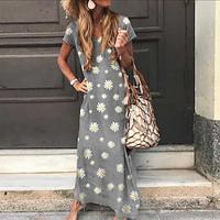 Summer new equal daisy print V-neck short sleeved dress casual long beach skirt s-5xl Lightinthebox