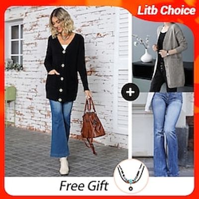 Women's Casual Outfit Sweater Cardigan Flared Jeans Ethnic Style Necklace Fall Winter Daily Going out Soft Matches Lightinthebox Women's Casual Outfit Sweater Cardigan Flared Jeans Ethnic Style Necklace Fall Winter Daily Going out Soft Matches Lightinthebox