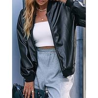 Women's Leather Jacket Fall Bomber Jacket Outdoor Stand Collar Zipper Plain Breathable Fashion Regular Fit Outerwear Long Sleeve Spring Black S Lightinthebox - thumbnail