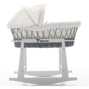 Teknum Infant Wicker Moses Basket With White Waffle Beddings & White Rocker Stand - Wooden Grey TK_WIBABE&ST_GY