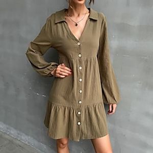 Women's Shirt Dress Short Mini Dress Green Long Sleeve Pure Color Ruffle Button Fall Winter Shirt Collar Modern Mature 2022 S M L XL / Cotton miniinthebox