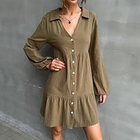 Women's Shirt Dress Short Mini Dress Green Long Sleeve Pure Color Ruffle Button Fall Winter Shirt Collar Modern Mature 2022 S M L XL / Cotton miniinthebox - thumbnail