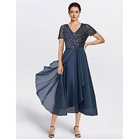A-Line Mother of the Bride Dress Elegant Sequin Dress Formal Wedding Guest Petite V Neck Tea Length Chiffon Short Sleeve with Tier 2024 Lightinthebox - thumbnail