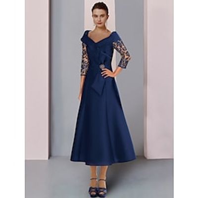 A-Line Mother of the Bride Dress Wedding Guest Elegant Petite V Neck Tea Length Satin Lace 34 Length Sleeve with Bow(s) Crystal Brooch Ruching 2023 Lightinthebox
