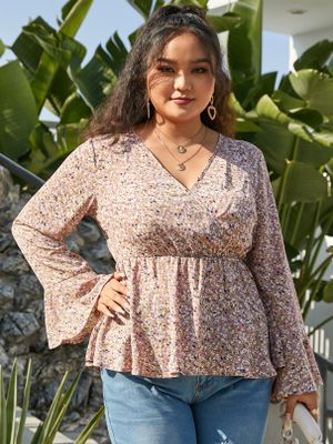 YOINS Plus Size V-neck Calico Wrap Design Long Sleeves Blouse