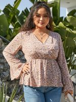 YOINS Plus Size V-neck Calico Wrap Design Long Sleeves Blouse - thumbnail