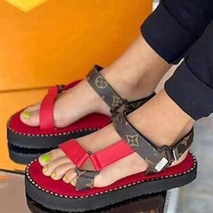 Women's Sandals Flat Sandals Platform Flat Heel Open Toe Casual PU Leather Ankle Strap Color Block Black Red Brown Lightinthebox