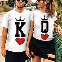 Women's Valentine's Day Painting Couple T shirt Heart Letter Print Round Neck Basic Tops White Red miniinthebox - thumbnail