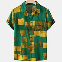 Men's Shirt Color Block Button-Down Short Sleeve Casual Tops Cotton Casual Fashion Breathable Comfortable Green Lightinthebox - thumbnail
