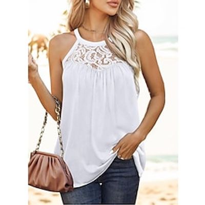 Women's Tank Top Wine Red Black White Plain Lace Sleeveless Casual Basic Halter Neck Round Neck Regular S miniinthebox