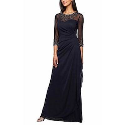 A-Line Mother of the Bride Dress Formal Wedding Guest Elegant Jewel Neck Floor Length Chiffon 34 Length Sleeve with Beading Ruching 2023 Lightinthebox