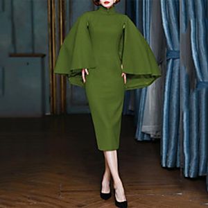 Women's Sheath Dress Midi Dress Army Green Dark Blue Long Sleeve Solid Color Ruffle Fall Turtleneck Work Elegant Casual 2021 S M L XL XXL 3XL 4XL 5XL / Cotton miniinthebox