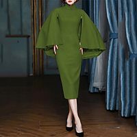 Women's Sheath Dress Midi Dress Army Green Dark Blue Long Sleeve Solid Color Ruffle Fall Turtleneck Work Elegant Casual 2021 S M L XL XXL 3XL 4XL 5XL / Cotton miniinthebox - thumbnail