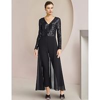 A-Line 3 Piece Mother of the Bride Dress Wedding Guest Party Sparkle  Shine V Neck Ankle Length Sequined Long Sleeve with Sequin Ruching Solid Color 2023 Lightinthebox - thumbnail