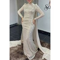 Mermaid  Trumpet Evening Gown Elegant Dress Wedding Guest Sweep  Brush Train Long Sleeve High Neck Satin with Pearls Sequin Overskirt 2023 Lightinthebox - thumbnail