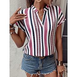 Women's Shirt Blouse Striped Daily Vacation Print Red Short Sleeve Casual V Neck Summer Lightinthebox