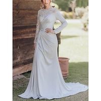 Formal Wedding Dresses A-Line Scoop Neck Long Sleeve Court Train Satin Bridal Gowns With Pleats Ruched 2023 Lightinthebox - thumbnail