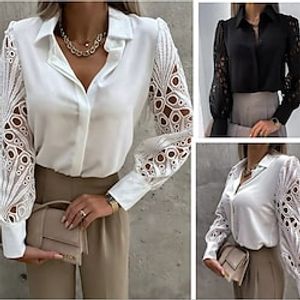 Women's Shirt Blouse Patchwork Hole Solid / Plain Color Basic Daily Classic Shirt Collar Regular Spring   Fall Black White miniinthebox