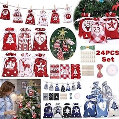 24PCSSet RedBlueGrren Christmas Advent Calendar Bags Set 24 Days Burlap Advent Calendar Gift Drawstring Bags with Clips DIY Christmas Embellishments Decoración Navideña Lightinthebox