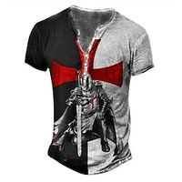 Color Block Knights Templar Cross Designer Retro Vintage Basic Men's 3D Print Henley Shirt Short Sleeve Shirt T shirt Tee Tee Top Street Casual Vacation T shirt Black Red  White Brown Short Sleeve Lightinthebox