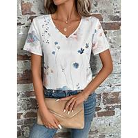 Women's T shirt Tee Floral Plain Daily Print White Short Sleeve Elegant Fashion V Neck Summer Lightinthebox