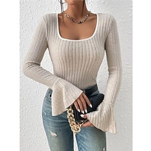 Women's T shirt Tee Ribbed Plain Flare Cuff Sleeve Black Beige Long Sleeve Daily Fashion U Neck Slim Fall  Winter Lightinthebox