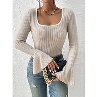 Women's T shirt Tee Ribbed Plain Flare Cuff Sleeve Black Beige Long Sleeve Daily Fashion U Neck Slim Fall  Winter Lightinthebox - thumbnail