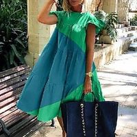 Women's Casual Dress Sundress Mini Dress Pleated Patchwork Holiday Hawaiian Crew Neck Short Sleeve Slim Green Color S M L XL XXL Size Lightinthebox