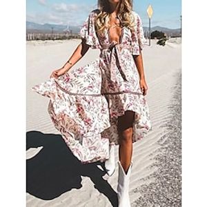 Women's Casual Dress Swing Dress Floral Print Asymmetrical V Neck Mini Dress Bohemia Boho Holiday Vacation Short Sleeve Regular Fit Light Green Pink Summer S M L Lightinthebox