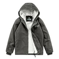 Men's Sherpa jacket Outdoor Casual  Daily Daily Wear Vacation Going out Single Breasted Hooded Comfort Leisure Jacket Outerwear Solid Color Letter Embroidered Pocket Green Khaki Dark Grey Lightinthebox - thumbnail