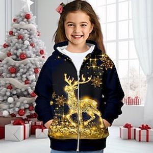 Christmas Girls' 3D Elk Hoodie Coat Outerwear Long Sleeve 3D Print Fall Winter Active Fashion Cute Polyester Kids 3-12 Years Outdoor Casual Daily Regular Fit miniinthebox