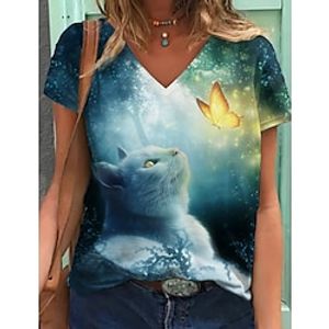 Women's T shirt Tee Green Graphic Cat Print Short Sleeve Daily Weekend Basic V Neck Regular 3D Cat S miniinthebox