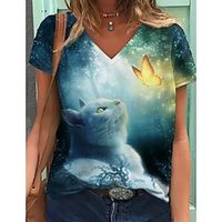 Women's T shirt Tee Green Graphic Cat Print Short Sleeve Daily Weekend Basic V Neck Regular 3D Cat S miniinthebox - thumbnail