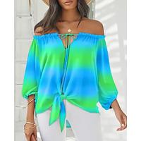 Women's Shirt Blouse Color Gradient Vacation Going out Lace up Print Puff Sleeve Light Green Long Sleeve Casual Off Shoulder Spring Summer Lightinthebox - thumbnail