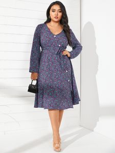 YOINS Plus Size V-neck Calico Wrap Design Long Sleeves Midi Dress