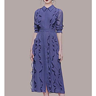 Sheath / Column Empire Minimalist Holiday Prom Dress Shirt Collar Long Sleeve Ankle Length Chiffon with Ruffles 2021 miniinthebox